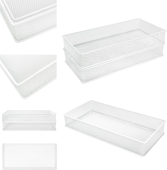 Annova Mesh Stackable Drawer Cabinet and Shelf Organizer Bins Storage Basket School Office Supply Holder Tray- Set of 2 (White, 6x12x2 Inch)-NeatNest