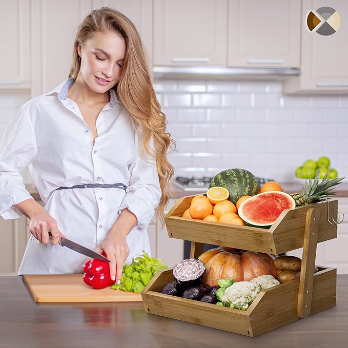 2 Tier Fruit Basket for Kitchen Counter, Large Capacity Fruit Storage Countertop, Fruit Holder, Wooden Pantry Organizers and Storage, Kitchen Countertop Organizer With Two Banana Hangers (Walnut)
