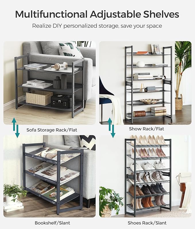 SONGMICS Shoe Rack, 6-Tier Shoe Organizer, Metal Rack for Garage, Set of 2, 3-Tier Stackable Shelf, with Adjustable Flat or Angled Shelves, 18-24 Pairs, Charcoal Gray ULMR003G02-NeatNest