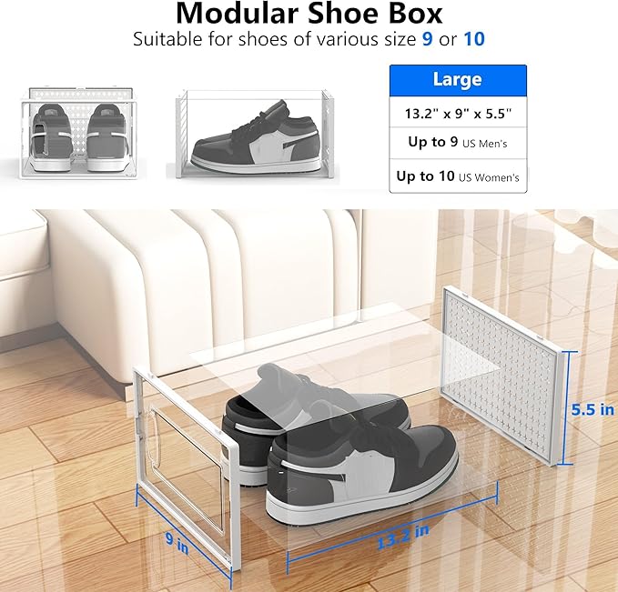 12 Pack Large Modular Clear Plastic Stackable Shoe Storage Organizer for Closet, Space Saving Versatile Sneaker Shoe Rack Containers Bins Holders, Portable Closet Organizers and Storage, White-NeatNest