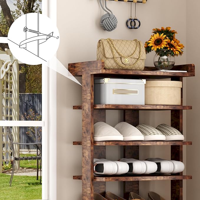HOMEFORT 7-Tier Wood Shoe Rack, Double Rows Shoe Shelf, Shoe Storage Stand, Entryway Shoe Tower, Vertical Shoe Organizer for Narrow Closet, Entryway, Hallway, Rustic Brown-NeatNest