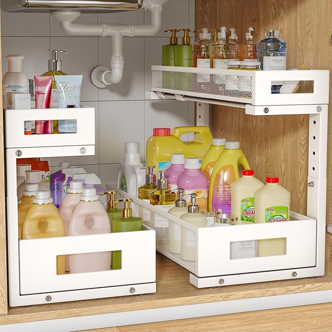 2 Pack 19IN Depth Under Sink Storage Organizer, Large 2-Tier Elegant Mesh Pull Out Shelf for Kitchen and Bathroom Cabinet Organization, L-Shaped and Adjustable Height Design-White-NeatNest