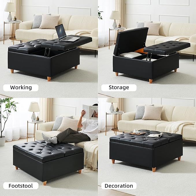 GAOMON Leather Storage Ottoman Coffee Table with Lift Top, Faux Leather Tufted Upholstered Ottoman with Storage, Large Square Storage Ottoman Bench for Bedroom Living Room(Leather, Black)