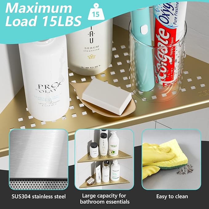 Corner Shower Shelves, 10” Recessed Tile Shower Shelf Brushed Golden, 304 Stainless Steel Grout in Corner Tile Shower Shelves, No Drilling, 2 Pack-NeatNest