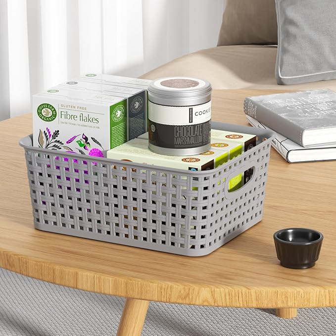 6 Packs Plastic Storage Baskets for Organizing Shelves Drawers Desktop, Small Pantry Organization, Grey