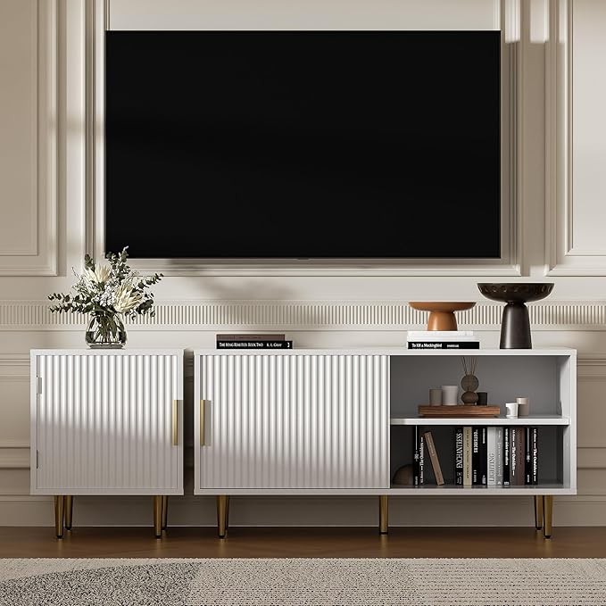 Combined Modern TV Stand for 55/60/65 inch TV, Small Entertainment Center with Adjustable Shelf, TV Media Stand with Storage Cabinet, TV Console with Gold Legs for Living Room, Bedroom, White-NeatNest