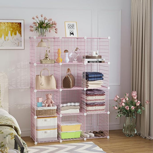 C&AHOME Wire Cube Storage, 12 - Cube Organizer Metal C Grids, Modular Shelves Units, Closet Organizer, Ideal for Home, Office, Living Room, 36.6”L x 12.4”W 48.4”H, Pink UWCS3012P-NeatNest