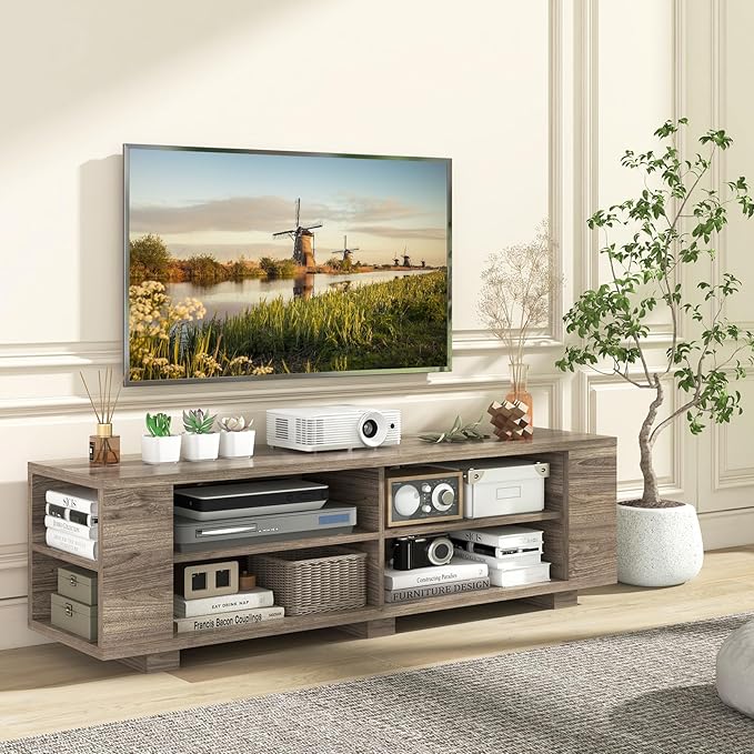 Giantex Modern TV Stand for TVs up to 65 Inch, Wood Entertainment Center w/ 8 Open Storage & Adjustable Shelves, Television Stands w/Cable Holes, TV Console Table for Living Room Bedroom (Black Oak)-NeatNest