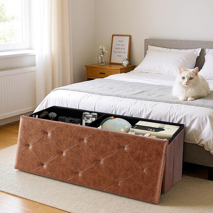 DUMOS Foldable Storage Ottoman Bench 43in, Foot Rest Stool, Synthetic Leather Storage Chest with Thicker Foam Padded Seat for Entryway Living Room, Modern Brown