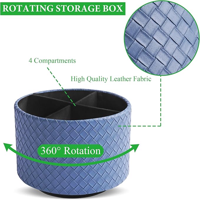 Hennaja Round Leather Art Supply Organizer,Remote Control Holder,360 Degree Spinning,Multi-Functional Pencil Holder,4 Compartments Desktop Stationary Organizer(1-Weave Blue)-NeatNest
