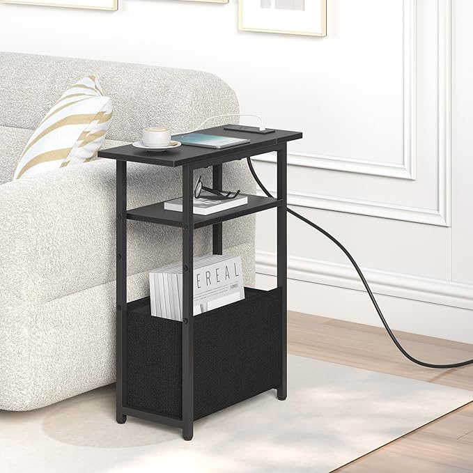 Narrow Side Table with Charging Station Set of 2, Small End Table for Small Spaces, Skinny Nightstands Set 2 with Storage Basket, 3 Tier Sofa Bedside Tables for Living Room,Bedroom, Black