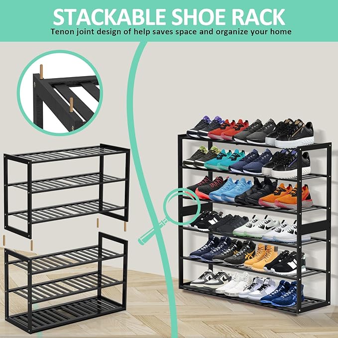 Bamboo Shoe Rack for Closet, Stackable 3 Tier Longer Shoe Organizer Shelf Holder Storage 12-15 Pairs for Entryway Door Hallway Bedroom Garage Space Saving Foldable Black-NeatNest