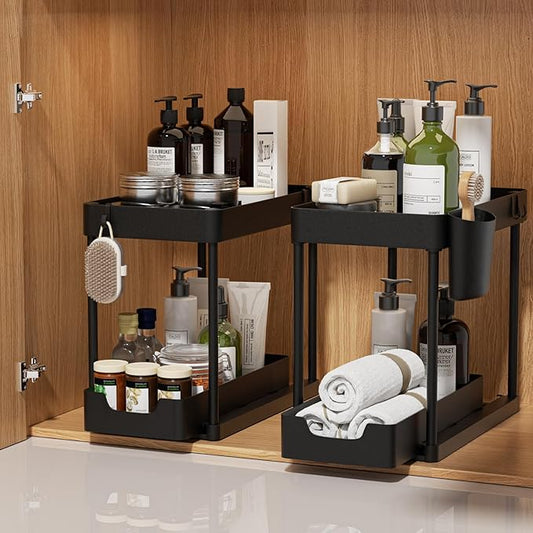 2 Pack Under Sink Organizer with Sliding Basket - 2 Tier Metal Cabinet Storage Shelf for Bathroom, Kitchen Sink - Adjustable Shelves, Space Saver,Black-NeatNest