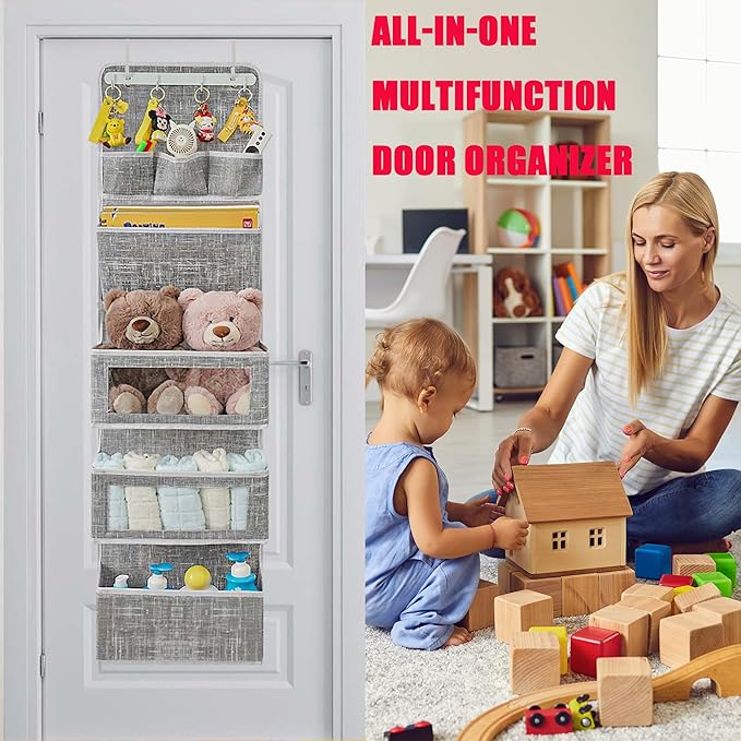 VICTORICH All-IN-ONE Over the Door Organizer, Super Behind the Door Storage Organizer with Door Rack and Large Clear Windows, Wall File Organizer, Hanging Organizer (New Grid Gray)