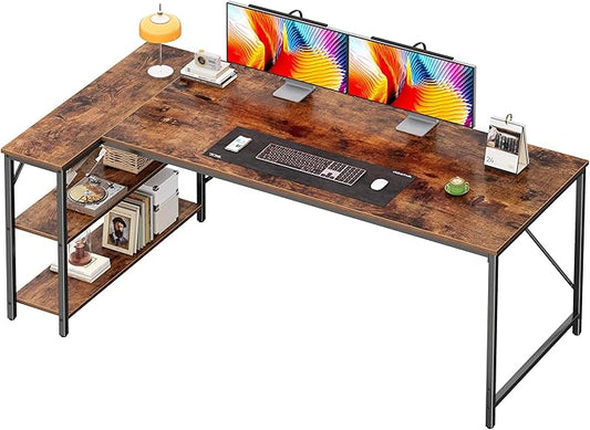 Huuger L Shaped Desk, 63 Inches Computer Desk with Reversible Storage Shelves, for Gaming Corner Home Office Writing Study, Metal Frame, Rustic Brown-NeatNest