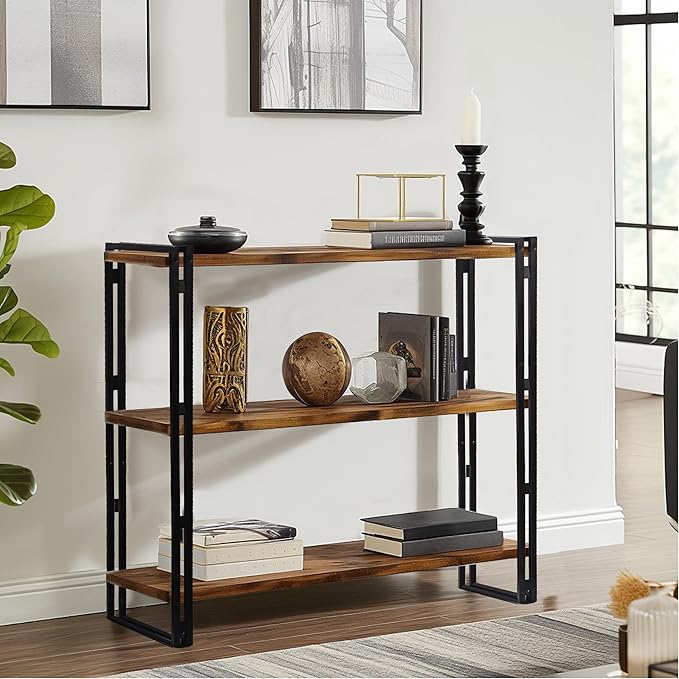 47" 3-Tier Bookshelf Rustic Wood and Metal Industrial Bookshelf for Home Office, Bedroom, Kitchen, Bathroom (Rustic Brown, 3-Tier)-NeatNest