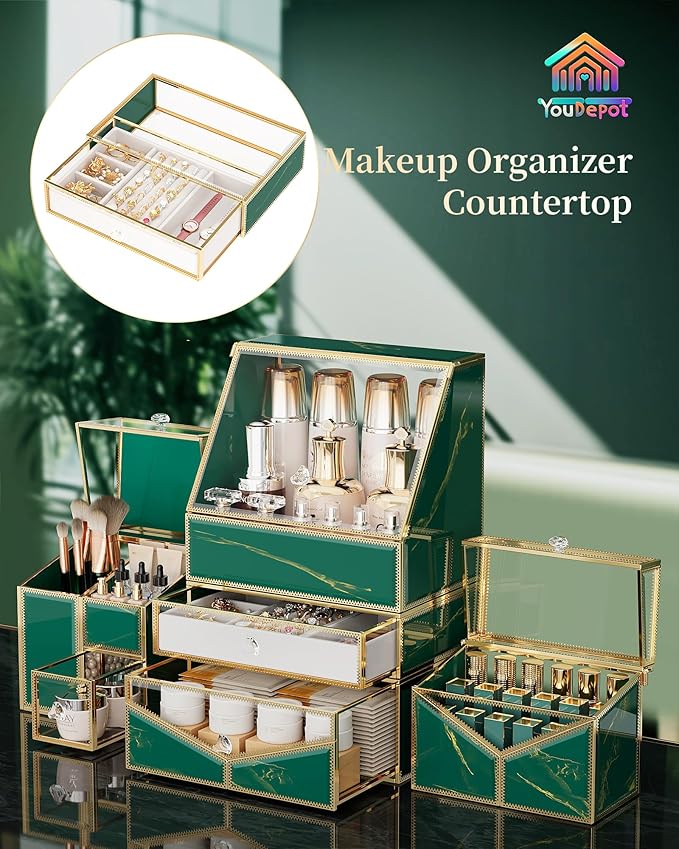 Extra Large Makeup Organizer, Glass Cosmetic Storage with Drawers, Stackable Makeup and Jewelry Organizer for Vanity Table, Bathroom Countertop, Skincare, Lipsticks, Perfume, Brushes