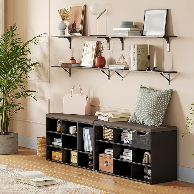 DINZI LVJ Shoe Bench, 9 Cubbies Shoe Organizer for Entryway, Storage Bench with Cushion, Cubby Shoe Rack with Adjustable Shelves for Living Room, Bedroom, Mudroom, Hallway, Espresso-NeatNest
