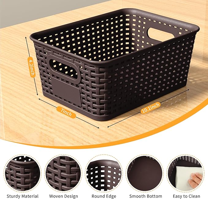 Brown Plastic Storage Baskets - Pack of 8 with Labels Stackable Durable Storage Bins, Storage Containers for Organizing Desktops, Closets, Playrooms, Classrooms, Offices-NeatNest