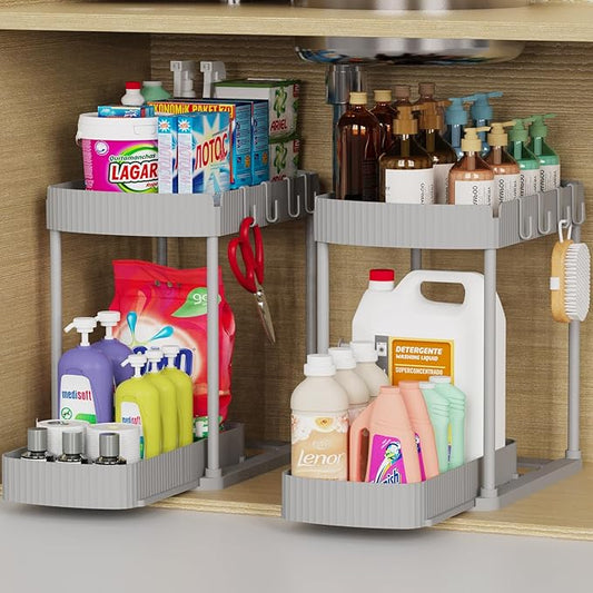 2 Pack Multi-Purpose Pull-Out Storage Organizers, Under Sink Organizers and Storage for Bathroom & Kitchen, Under Cabinet Organizers and storage, 12.8 Inch, Grey-NeatNest