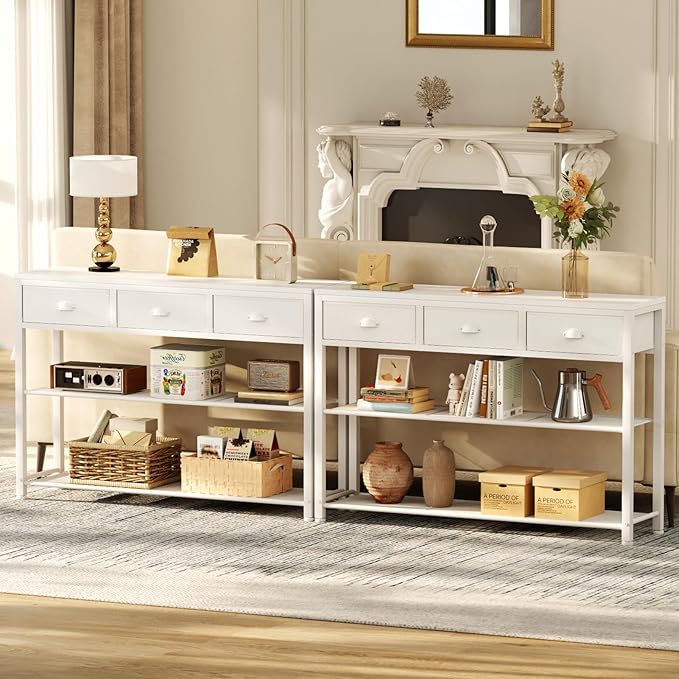 Furologee White Entryway Table, 38'' Console Sofa Table with 3 Fabric Drawers, Industrial Entry Way Table with Storage Shelves, Display Shelf for Living Room, Hallway, Entrance, Foyer-NeatNest
