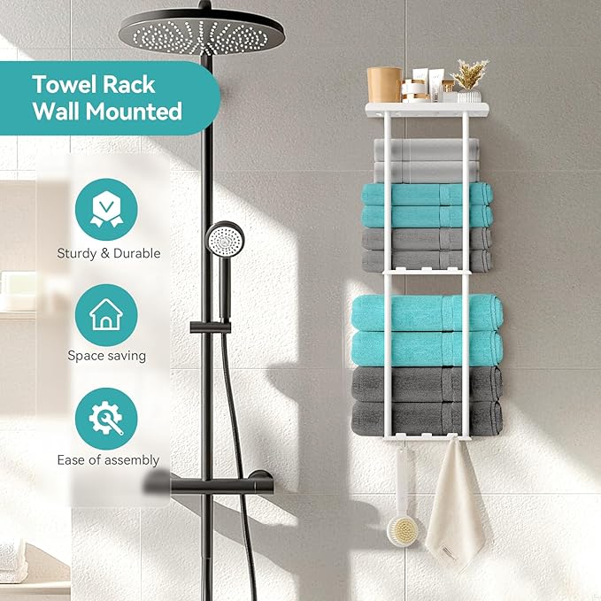 Towel Racks for Bathroom, 3 Tier Metal Towel Holder, with Shelf & 6 Hooks, 29 inch Wall Mounted Towel Storage, 6 Large Bath Towels Capacity,Small Bathroom Towel Rack for Rolled Towels, White