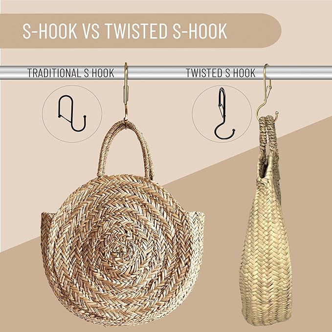 6 Purse Hanger for Closet. Tote Hanger. S-Shaped Hooks S Hooks Twist Design. Anti Drop S-Shaped Hook for Hanging Handbags with Safety Buckle to Prevent Falls. Heavy Duty. (Gold, Twisted)-NeatNest