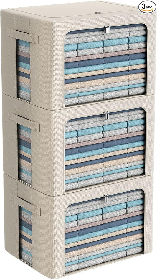 3Pack Frame Storage Box - Clothes Storage Bin Bags Oxford Fabric Foldable Stackable Container Organizer Set with Clear Window & Carry Handles Large Capacity (Beige, Extra Large-100L)-NeatNest
