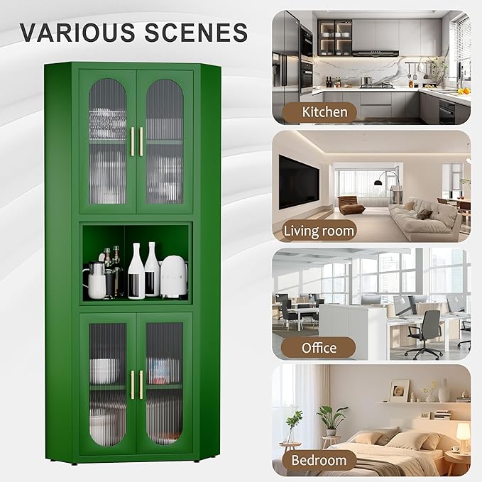 64" Tall Metal Corner Storage Cabinet with Acrylic Glass Doors ＆ Open Display Storage Shelves, Farmhouse Corner Pantry Storage Cupboard for Kitchen, Laundry Room, Bathroom or Bedroom (Green)