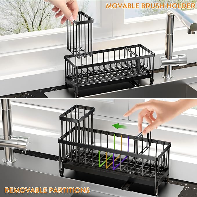 Cisily Extra Large Black Sponge Holder for Kitchen Sink, Sink Caddy Organizer with High Brush Holder, Kitchen Countertop Organizers and Storage Essentials, Rustproof 304 Stainless Steel-NeatNest