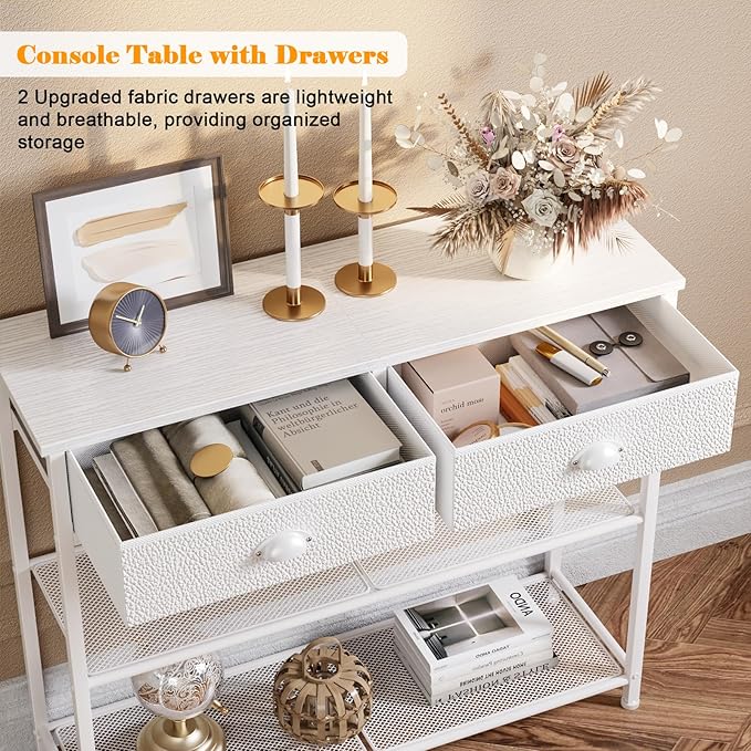 Furologee 30'' Entryway Table, White Console Table with Storage, Narrow Sofa Table with 2 Drawers and 2 Shelves for Hallway, Living Room, Bedroom, Foyer, Couch, Tv-NeatNest