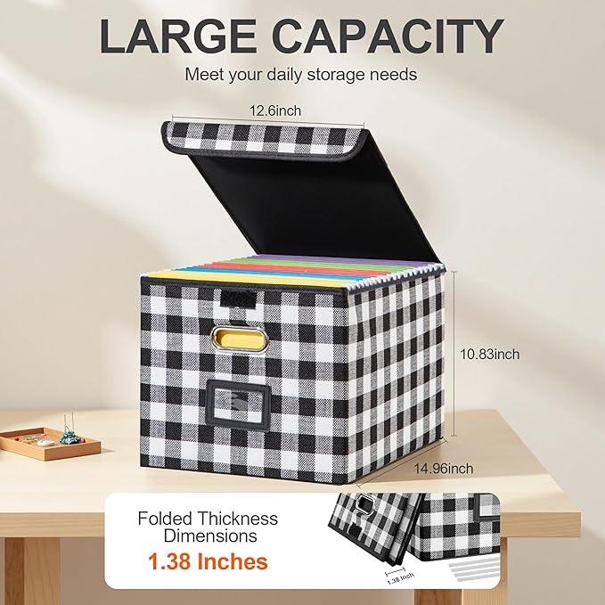 File Organizer Box, Linen Filing Organizer with Lid, Large Desktop File Boxes, Black and White Lattice,2 Pack