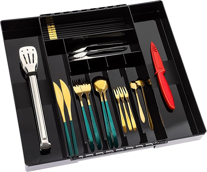 IEEK Kitchen Drawer Organizer for Cutlery and Utensils,Adjustable Silverware Drawer Organizer Tray,Kitchen Storage Divider for Spatula Tools,Gadgets,Forks,Knives,Spoons and Chopsticks,Black-L-NeatNest