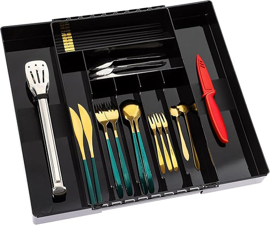 IEEK Kitchen Drawer Organizer for Cutlery and Utensils,Adjustable Silverware Drawer Organizer Tray,Kitchen Storage Divider for Spatula Tools,Gadgets,Forks,Knives,Spoons and Chopsticks,Black-L-NeatNest