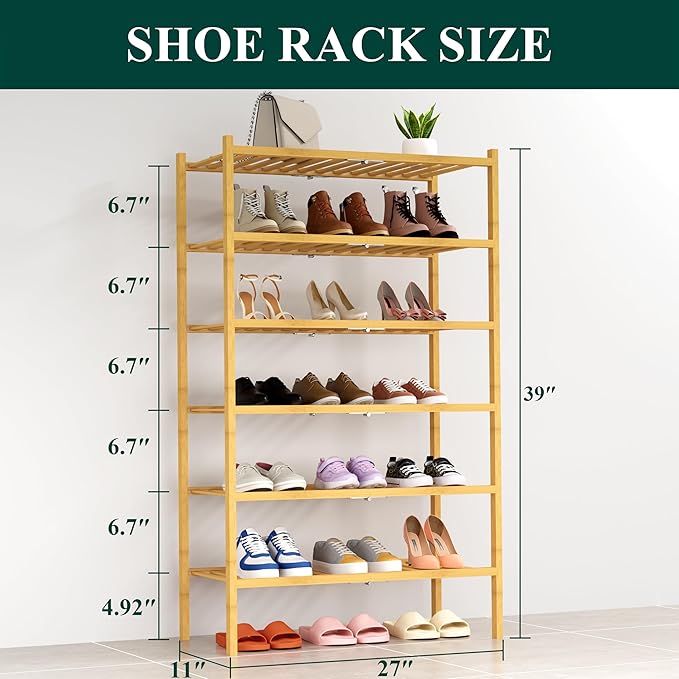 Smiry Shoe Rack, 6 Tier Thick Bamboo Shoe Organizer, Stackable Free Standing Wooden Shoe Storage Shelf for Closet, Entryway, Front Door Entrance, Natural-NeatNest