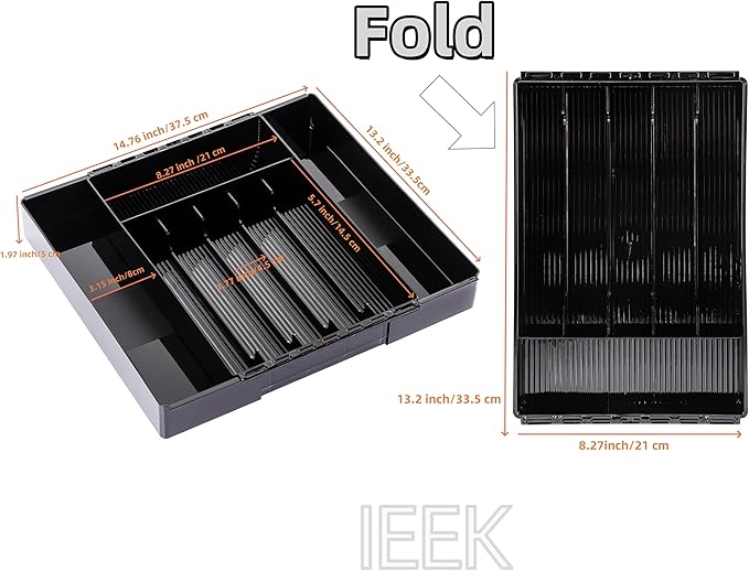 IEEK Silverware Organizer for Kitchen Drawers,Expandable Utensil Tray, Adjustable Cutlery and Flatware Holder,Plastic Drawer Dividers For Spoon Forks Knives Chopsticks Storage,Black-M-NeatNest