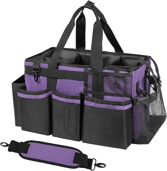 Wearable Cleaning Caddy, Cleaning Caddy Supplies Organizer with Handle & Shoulder Straps for Housekeepers, Under Sink & Car Cleaning Tool Organizers Bag with 4 Foldable Divider (Purple)