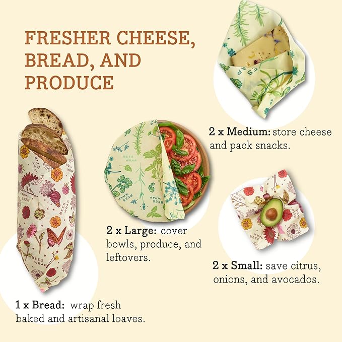 Bee's Wrap Vegan Beeswax Wraps for Food - Assorted 7 Pack (2S, 2M, 2L, & 1 Bread) Made in USA Reusable & Organic Food Wraps & Bowl Covers - Eco-Friendly Alternative to Aluminum Foil & Plastic Wrap-NeatNest