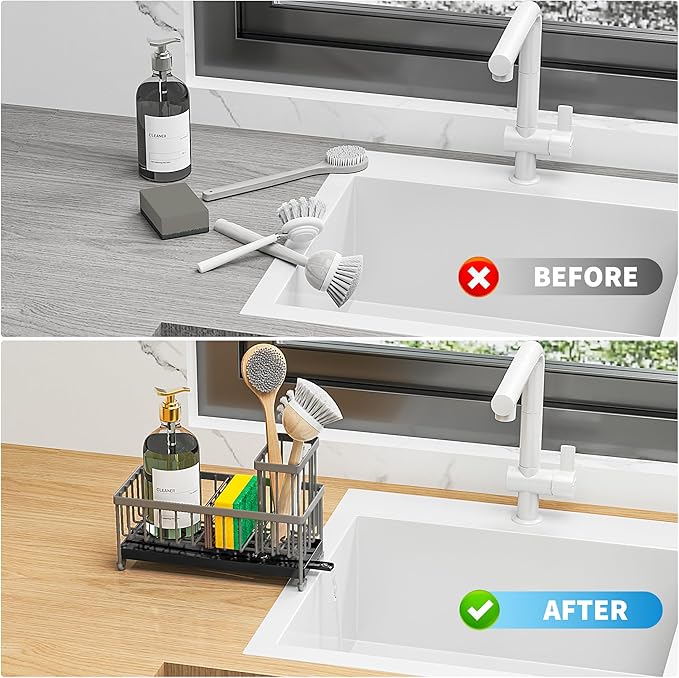 Cisily Charcoal Gray Sponge Holder for Kitchen Sink, Sink Caddy Organizer with High Brush Holder, Kitchen Countertop Organizers and Storage Essentials, Rustproof 304 Stainless Steel-NeatNest