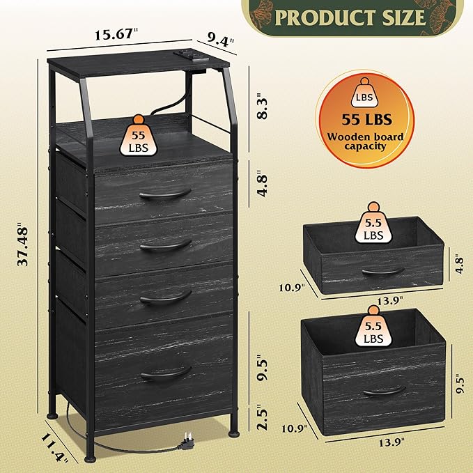 WLIVE Night Stand Set of 2 with Charging Station, Nightstand with LED Light and 4 Storage Fabric Drawers, Tall Dressers for Bedroom, Bedside Tables, Wood Shelf, Metal Frame, Black and Wood Grain Print
