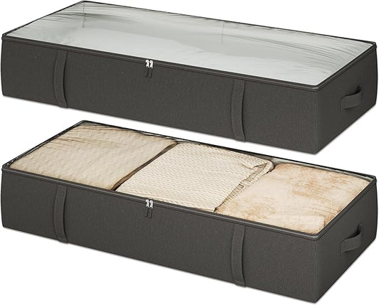 2-Pack Under Bed Storage Containers, 8 Inches Tall Underbed Clothes Storage Organizer Bin with Sturdy Sidewalls/Bottom, Under the Bed Storage Bags 2 Storage Bins, Black-NeatNest