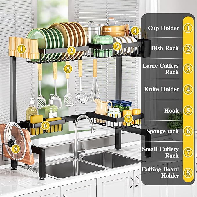 2 Tiers 4 Baskets (one More Than Others) Over The Sink Dish Drying Rack,fits All Sinks (from 24.8" to 35.4"),2-Tier Adjustable Sink Rack,Dishes Rack Kitchen Storage Organizer Space Saving