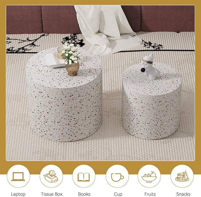 Round Coffee Table Set of 2 Modern Nesting Coffee Tables Wooden Drum Coffee Tables with Non-Slip Feet, Circle Nesting Tables End Table for Living Room Office, No Assembly (Terrazzo 18.11"+14.57")