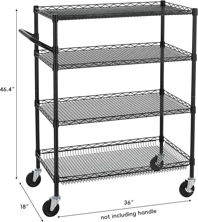 Finnhomy 4 Tier Heavy Duty Commercial Grade Rolling Cart with Handle Bar, Metal Wire Utility Cart with Wheels, Service Trolley on Wheels, Shelf Size 18" D x 36" W, NSF, Black