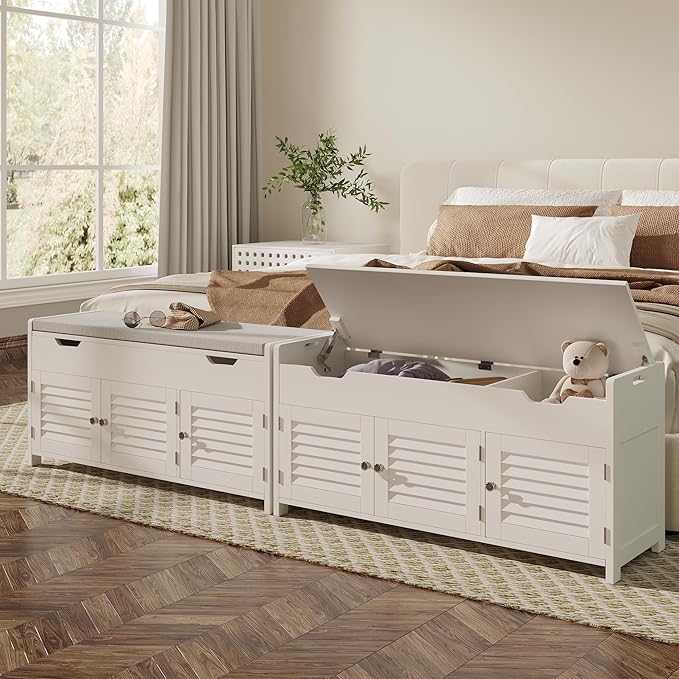ChooChoo 41.3" Shoe Storage Bench with Lift Top Storage, Entryway Bench with Cushioned Seat, Adjustable Shelf, Shoe Cabinet with Hidden Space, for Entryway, Bedroom, Living Room, White-NeatNest