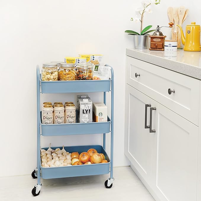 CAXXA 3-Tier Rolling Metal Storage Organizer - Mobile Utility Cart with Caster Wheels, Blue-NeatNest