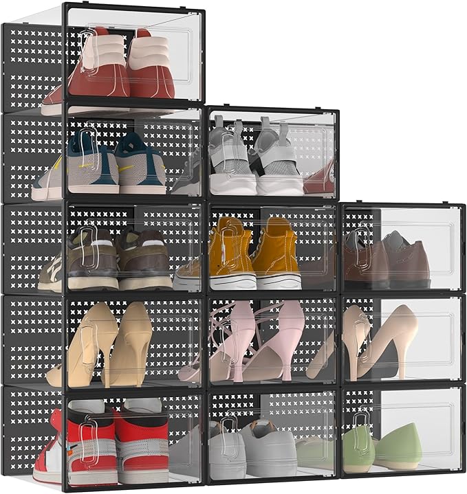 12 Pack XXX-Large Modular Clear Plastic Stackable Shoe Storage Organizer for Closet, Space Saving Versatile Sneaker Shoe Rack Containers Bins Holders, Portable Closet Organizers and Storage, Black-NeatNest