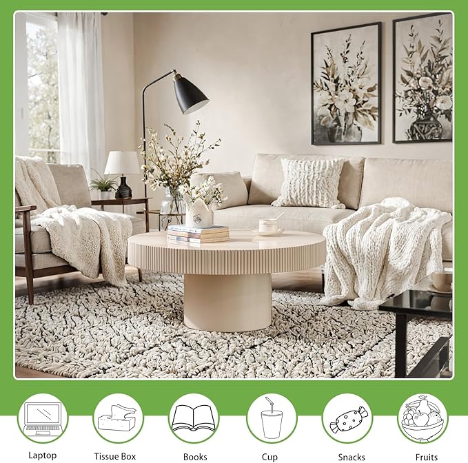 Handmade Round Grooved Drum-Shaped Coffee Table、Rustic Modern Circular Centerpiece for Living Room & Farmhouse Decor、Easy to Clean (A White 30.7in)
