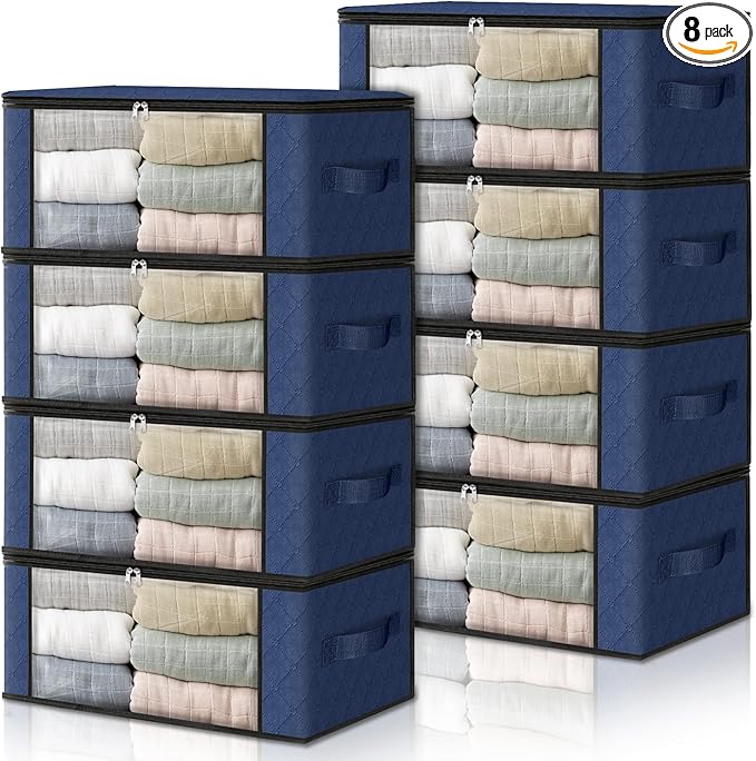 HomeHacks Storage 8-Pack Clothes Organizer Storage Bags Foldable Storage Box with Large Clear Window Sturdy Handles for Closet, Dorm, Pillows, Bedding, Clothes, Blankets, 35L, Blue-NeatNest