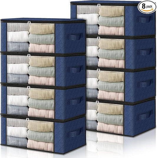 HomeHacks Storage 8-Pack Clothes Organizer Storage Bags Foldable Storage Box with Large Clear Window Sturdy Handles for Closet, Dorm, Pillows, Bedding, Clothes, Blankets, 35L, Blue-NeatNest